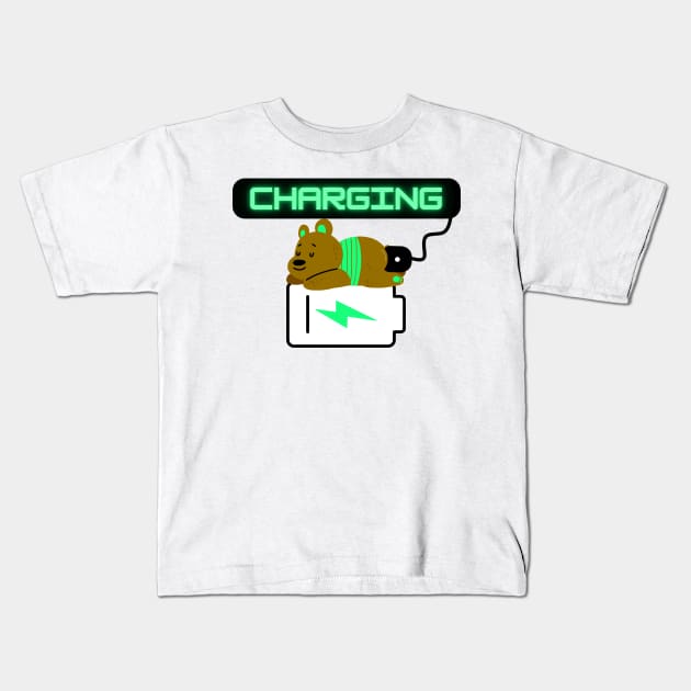 Charging Low Battery Bear Funny Kids T-Shirt by PGasbarroneArt